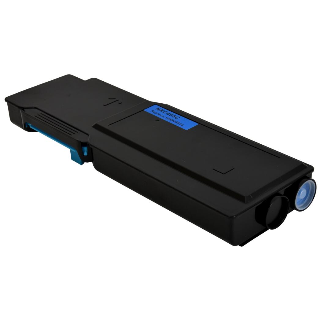 Black printer toner cartridge with blue accents.