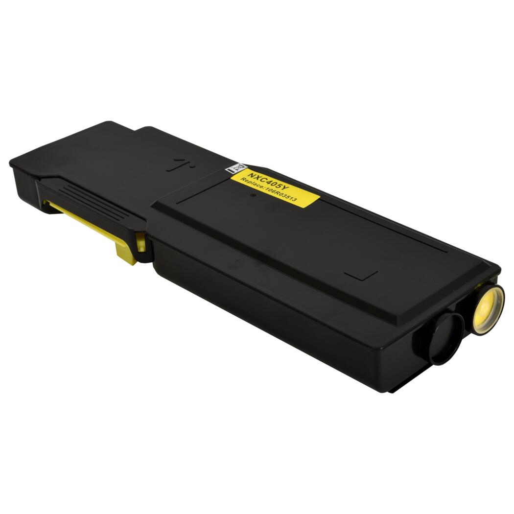 Black toner cartridge with yellow accents for a printer.