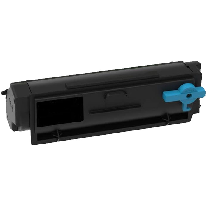 Black toner cartridge for laser printers with a blue adjustment lever.